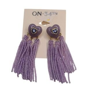 ON 34TH Lavender Heart‎ Rhinestone Tassel Earrings Dangle Beaded Statement